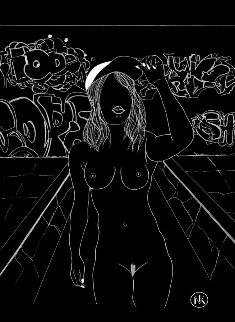 Illustration de Nina Van Kidow, une femme nue devant un mur de graffitis.