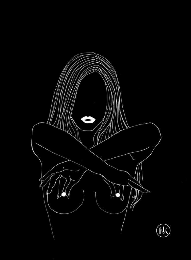 Illustration de Nina Van Kidow, une femme se fait pointer les tétons.